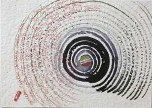Acrylic painting of concentric circles with the name Cavallini written in red script around the curves on the left side of the page of curved lines. Cavallini's distinctive red white and green round logo is in the center of the circles.