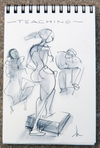 Grey graphite drawing of model in the foreground and 2 art students drawing in the background.