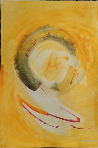 Ink zen circle on orange and gold wash watercolor, ink, and acrylic