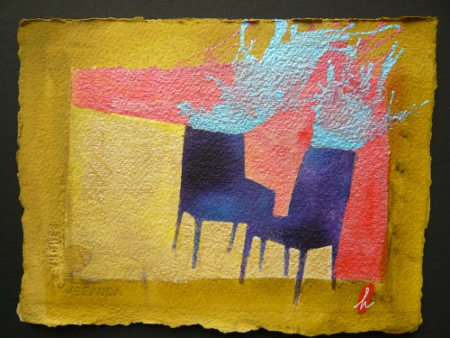 Painting of 2 chairs and ink splotches rising from them.