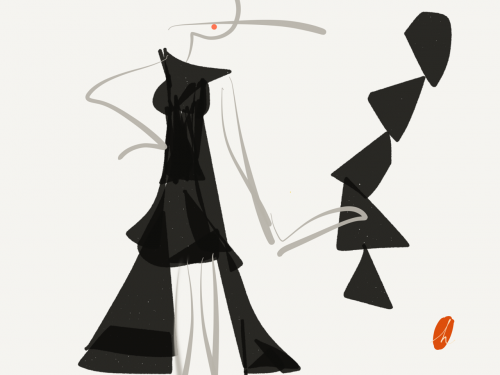 Digital Drawing of geometric black dress on abstract model.