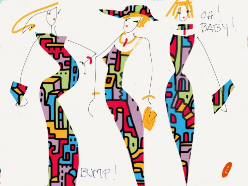 Gesture drawing of three fashion figures in colorful dresses.