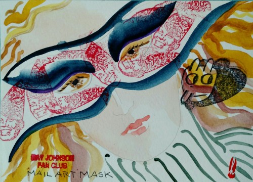 Watercolor painting of woman's face in a mask with Ray Johnson stamps on it.