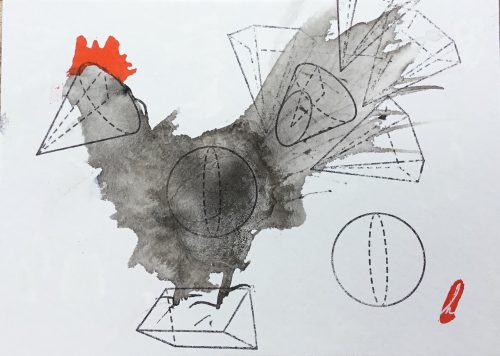 India Ink drawing of a rooster with polygon shaped rubber stamps on his tail, beak, and feet.