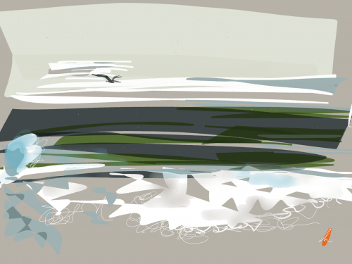 Digital drawing of beach with pelican flying over the water.
