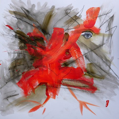 Gestural drawing of a red chicken with a rubber stamped human eye.