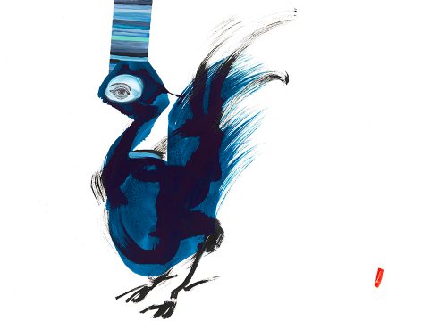 Painting of stylized chicken with strips of blues on top of his head.